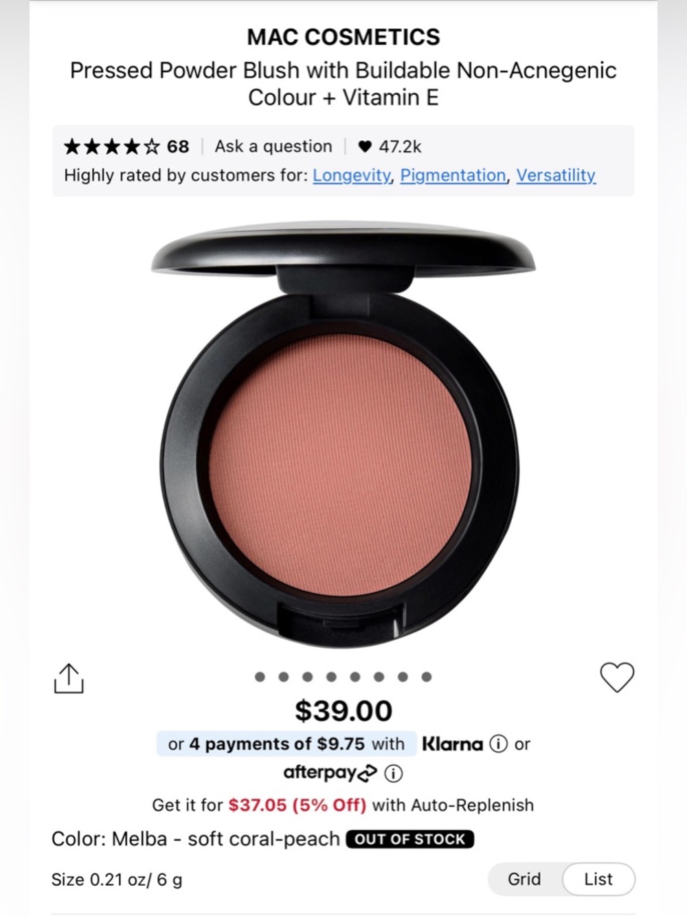 MAC Cosmetics Pressed Powder Blush with Buildable Non-Acnegenic Color + VitaminE